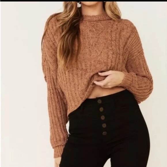 Free People Brown Crew Neck Cable-Knit Sweater Small Women’s Oversized Chunky - Picture 1 of 9